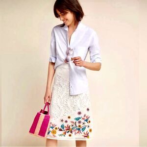 NEW Anthropologie Laia Grace Floral Embroidered Midi Skirt White Lace Size M - L